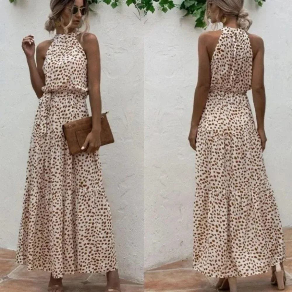 Dalmatian Print Ruffle Hem Belted Halter Dress - Picture 3 of 9
